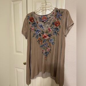 Johnny Was Tan Floral Embroidered Blouse